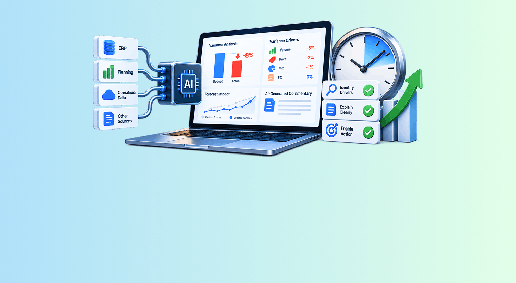 AI variance analysis and finance automation dashboard with ERP integration, forecasting charts, variance drivers, AI-generated insights, and business performance growth indicators.